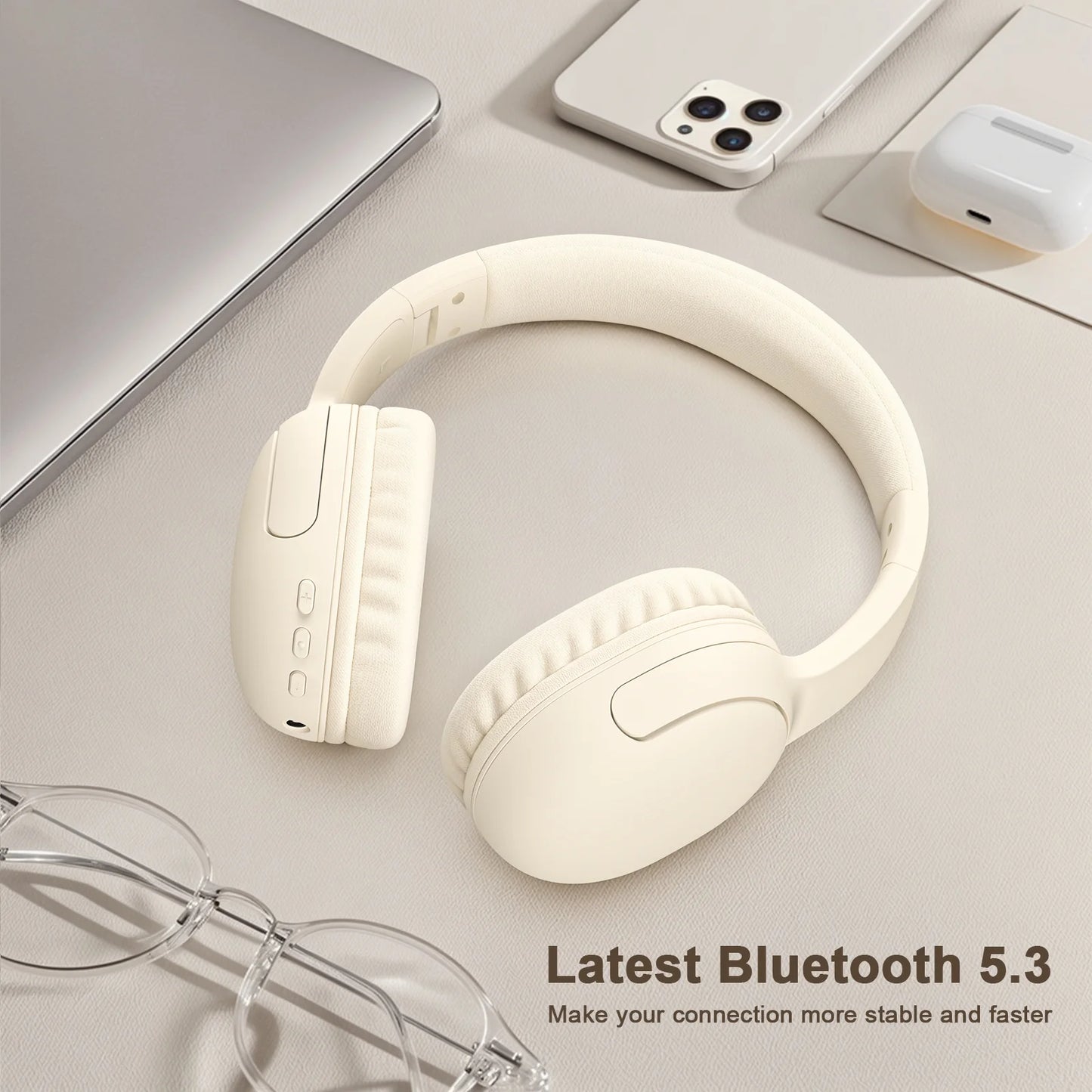 Wireless Headphones, Bluetoot Over-Ear Headphones with Built-In Mic for Travel Office, Hifi Stereo Sound, Off-White