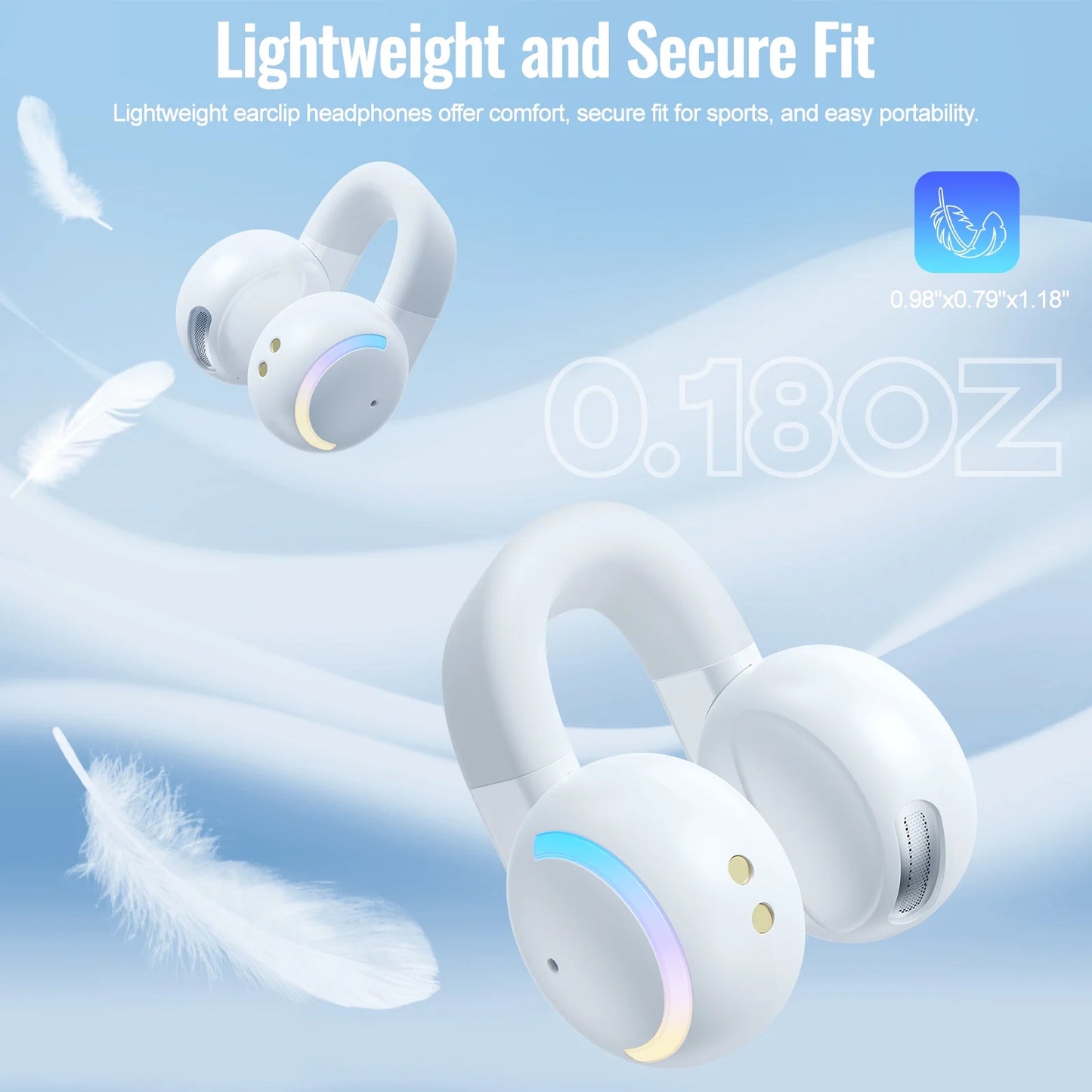 Wireless Bluetooth 5.3 Headphones  Clip on Earbuds Open Ear Headphones Built-In Microphone with Waterproof Sports for Workout/Gaming/Driving/Runing, White