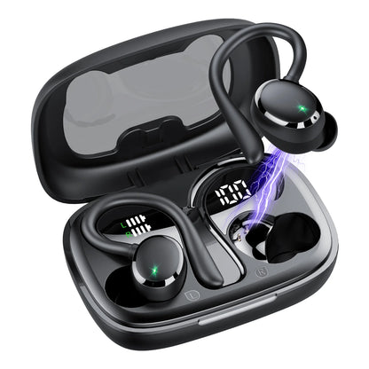 Headphones Wireless Earbuds Sport, Bluetooth 5.3 over Ear Buds Stereo Deep Bass Headset with Earhooks, 80H Wireless Earphones with HD Mic, IP7 Waterproof Earbud for Sports/Running/Workout Black