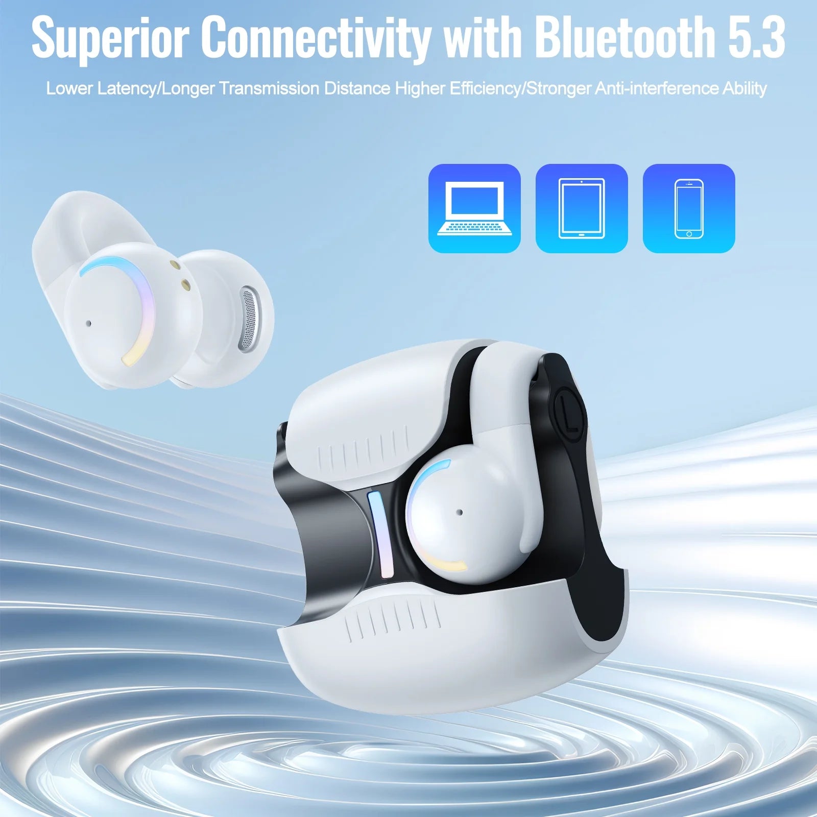 Wireless Bluetooth 5.3 Headphones  Clip on Earbuds Open Ear Headphones Built-In Microphone with Waterproof Sports for Workout/Gaming/Driving/Runing, White