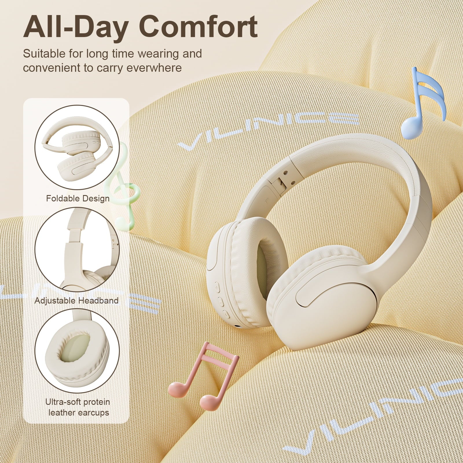 Wireless Headphones, Bluetoot Over-Ear Headphones with Built-In Mic for Travel Office, Hifi Stereo Sound, Off-White